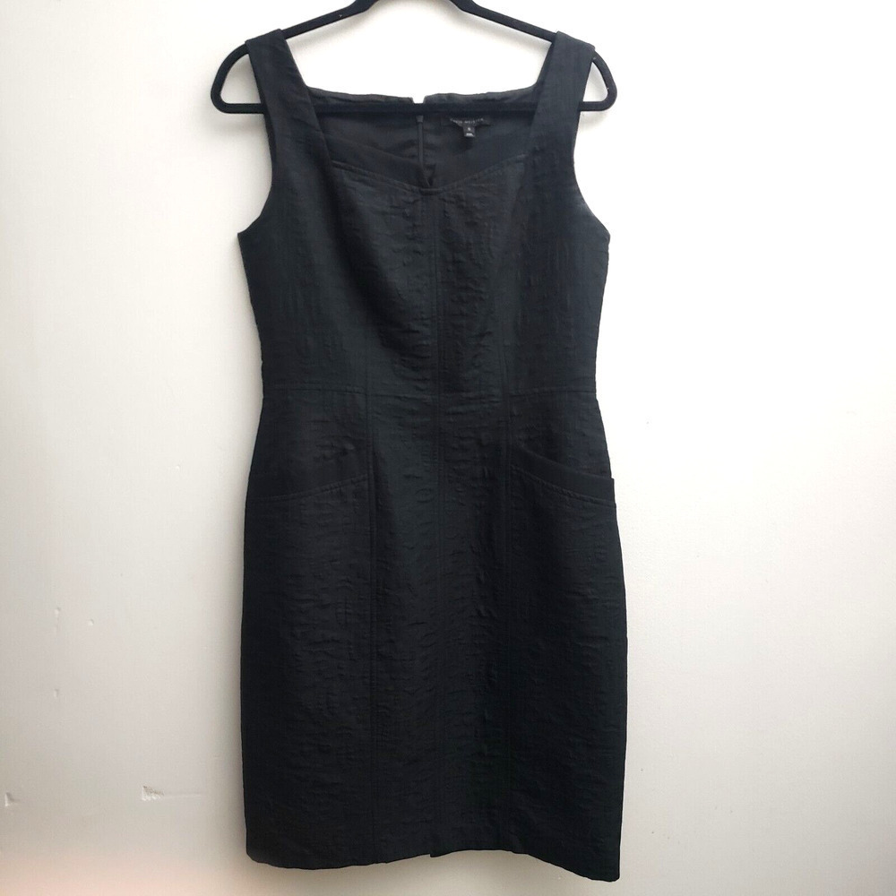 David Meister Sheath Dress 8 Black Square Neck Sleeveless Lined Wool Blend Offic